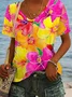 Women Floral Short Sleeve Tee T-shirt V Neck Casual Summer Top