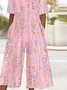 Women Gradient Pattern V Neck Half Sleeve Vintage Summer Jumpsuit