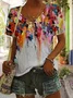 Women Colorblock Short Sleeve Tee T-shirt V Neck Printing Casual Summer Graphic Tee Top