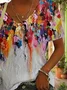 Women Colorblock Short Sleeve Tee T-shirt V Neck Printing Casual Summer Graphic Tee Top