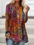 Women Geometric Short Sleeve Tee T-shirt Crew Neck Casual Summer Top