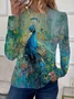 Women Peacock Long Sleeve Tee T-shirt Crew Neck Printing Casual Spring/Fall Graphic Tee Top