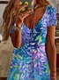 Women Floral Short Sleeve Summer Dress V Neck Daily Casual Midi Fit & Flare Dress A-Line Dress