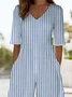 Women Striped V Neck Half Sleeve Casual Summer Jumpsuit