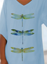 Women Dragonfly Short Sleeve Shirt Summer Printing V Neck Daily Casual Top