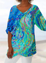 Women Abstract Short Sleeve Shirt Summer Printing V Neck Daily Casual Top