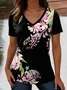 Women Floral Short Sleeve Tee T-shirt V Neck Casual Summer Top