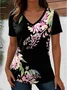 Women Floral Short Sleeve Tee T-shirt V Neck Casual Summer Top