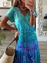 Women Floral Short Sleeve Summer Printing Dress V Neck Daily Casual Maxi X-Line Dress