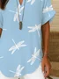 Women Dragonfly Short Sleeve Shirt Summer Printing V Neck Daily Casual Top