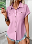 Women Plain Short Sleeve Tee T-shirt Shawl Collar Casual Summer Top