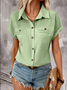 Women Plain Short Sleeve Tee T-shirt Shawl Collar Casual Summer Top