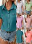 Women Plain Short Sleeve Tee T-shirt Shawl Collar Casual Summer Top