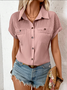 Women Plain Short Sleeve Tee T-shirt Shawl Collar Casual Summer Top