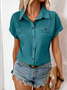 Women Plain Short Sleeve Tee T-shirt Shawl Collar Casual Summer Top
