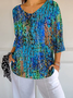 Women Abstract Three Quarter Sleeve Tee T-shirt V Neck Printing Casual Spring/Fall Graphic Tee Top