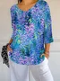 Women Floral Three Quarter Sleeve Tee T-shirt V Neck Printing Casual Spring/Fall Graphic Tee Top