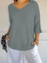 Women Plain Three Quarter Sleeve Tee T-shirt V Neck Printing Casual Spring/Fall Top
