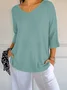 Women Plain Three Quarter Sleeve Tee T-shirt V Neck Printing Casual Spring/Fall Top