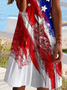 Women America Flag Short Sleeve Summer Printing Dress V Neck Daily Casual Midi Fit & Flare Dress A-Line Dress