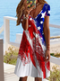 Women America Flag Short Sleeve Summer Printing Dress V Neck Daily Casual Midi Fit & Flare Dress A-Line Dress