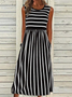 Women Striped Sleeveless Summer Printing Dress Crew Neck Daily Casual Maxi Fit & Flare Dress H-Line Dress