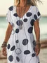 Women Abstract Polka Dots Short Sleeve Summer Printing Dress V Neck Daily Casual Maxi X-Line Dress
