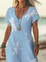 Women Dragonfly Short Sleeve Summer Printing Dress V Neck Daily Casual Maxi X-Line Dress