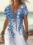 Women Floral Short Sleeve Summer Printing Dress V Neck Daily Casual Maxi X-Line Dress