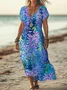 Women Floral Short Sleeve Summer Printing Dress V Neck Daily Casual Maxi X-Line Dress