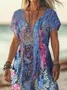 Women Floral Short Sleeve Summer Printing Dress V Neck Daily Casual Maxi X-Line Dress