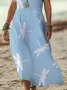 Women Dragonfly Short Sleeve Summer Printing Dress V Neck Daily Casual Maxi X-Line Dress