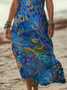 Women Abstract Short Sleeve Summer Printing Dress V Neck Daily Casual Maxi X-Line Dress