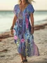 Women Floral Short Sleeve Summer Printing Dress V Neck Daily Casual Maxi X-Line Dress
