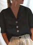 JFN Cotton Loose Shawl Collar Buttoned Short Sleeve Blouse