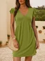 Women Plain Short Sleeve Summer Dress V Neck Daily Casual Knee Length Ruffle Skirt A-Line Dress