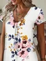 Women Floral Short Sleeve Summer Printing Dress V Neck Daily Casual Knee Length T-Shirt Dress H-Line Dress