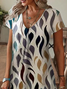 Women Abstract Short Sleeve Summer Printing Dress V Neck Daily Casual Knee Length T-Shirt Dress H-Line Dress