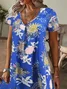 Women Floral Short Sleeve Summer Printing Dress V Neck Daily Casual Knee Length T-Shirt Dress H-Line Dress