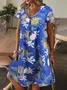 Women Floral Short Sleeve Summer Printing Dress V Neck Daily Casual Knee Length T-Shirt Dress H-Line Dress
