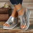 Large size hollow fish mouth gold/silver wedge heel sandals for women 2025 new platform thick bottom bright color shiny buckle sandals