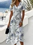 Women Leaf Short Sleeve Summer Dress V Neck Daily Casual Maxi Beach Dress A-Line Dress