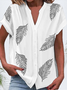 Women Feather Short Sleeve Shirt Summer Buckle V Neck Daily Casual Top