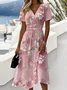 Women Floral Short Sleeve Summer Dress V Neck Daily Casual Maxi Beach Dress A-Line Dress