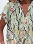 Women Floral Short Sleeve Shirt Summer Buckle V Neck Daily Casual Top
