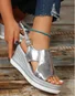 Large size hollow fish mouth gold/silver wedge heel sandals for women 2025 new platform thick bottom bright color shiny buckle sandals