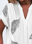 Women Feather Short Sleeve Shirt Summer Buckle V Neck Daily Casual Top