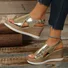 Large size hollow fish mouth gold/silver wedge heel sandals for women 2025 new platform thick bottom bright color shiny buckle sandals