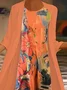 Women Abstract Printing Two-Piece Set Daily Three Quarter Sleeve Casual Spring/Fall Dress With Coat Matching Set