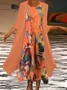 Women Abstract Printing Two-Piece Set Daily Three Quarter Sleeve Casual Spring/Fall Dress With Coat Matching Set